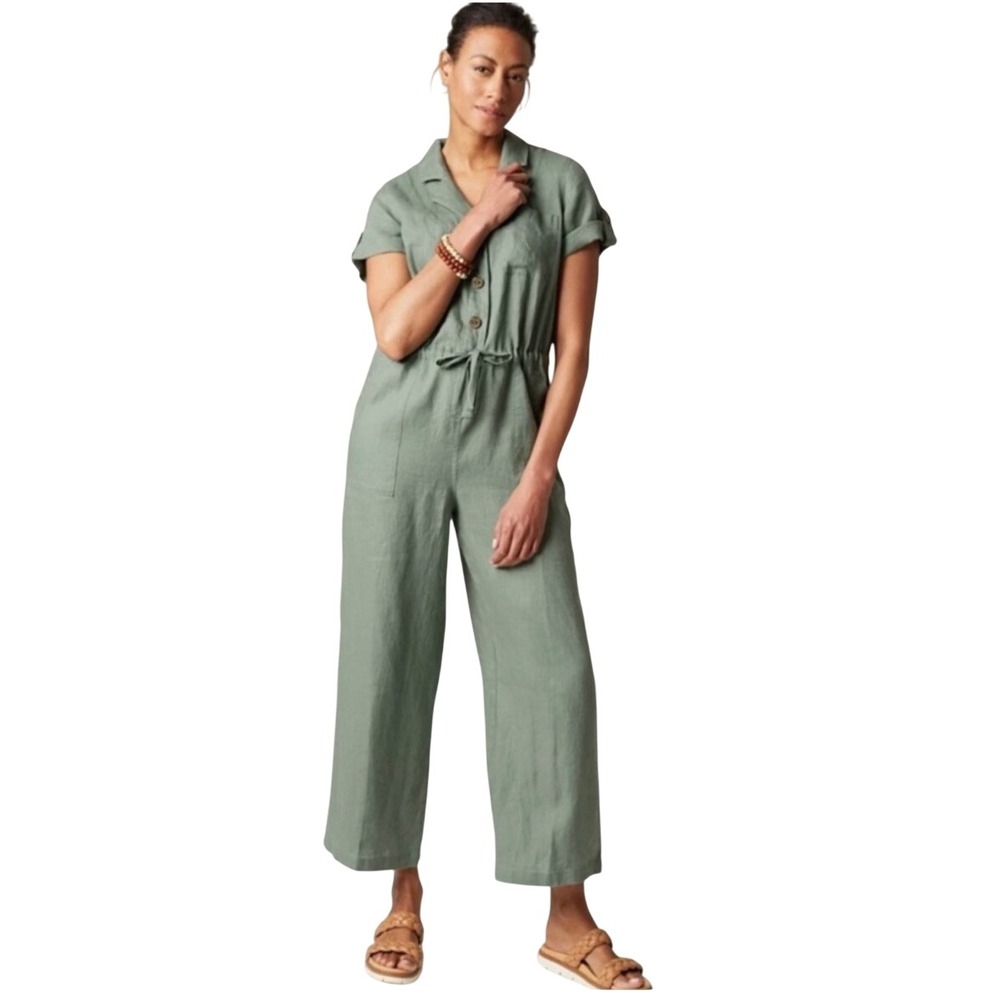 J. Jill Love Linen Utility Jumpsuit Roll Tab Button Olive Green Large Tall